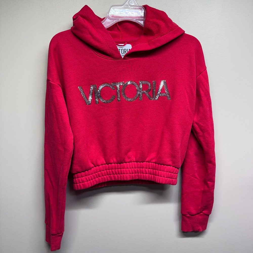 Victoria Sport Pink Sequin‎ Logo Cropped Hoodie Sweatshirt Women's Size Small P